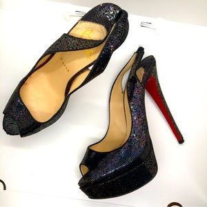 Christian Louboutin Lady Peep Slingback 150 Black Glitter Heels size 37.5